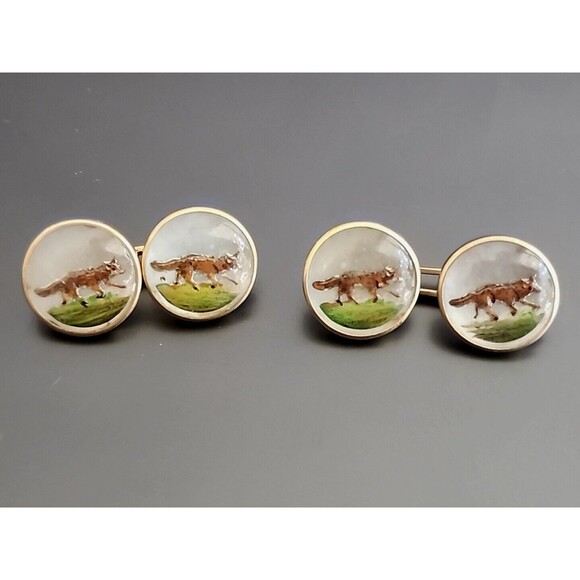 Brant &Son Edwardian Essex Crystal 14K Yellow Gold Fox Cuff Links